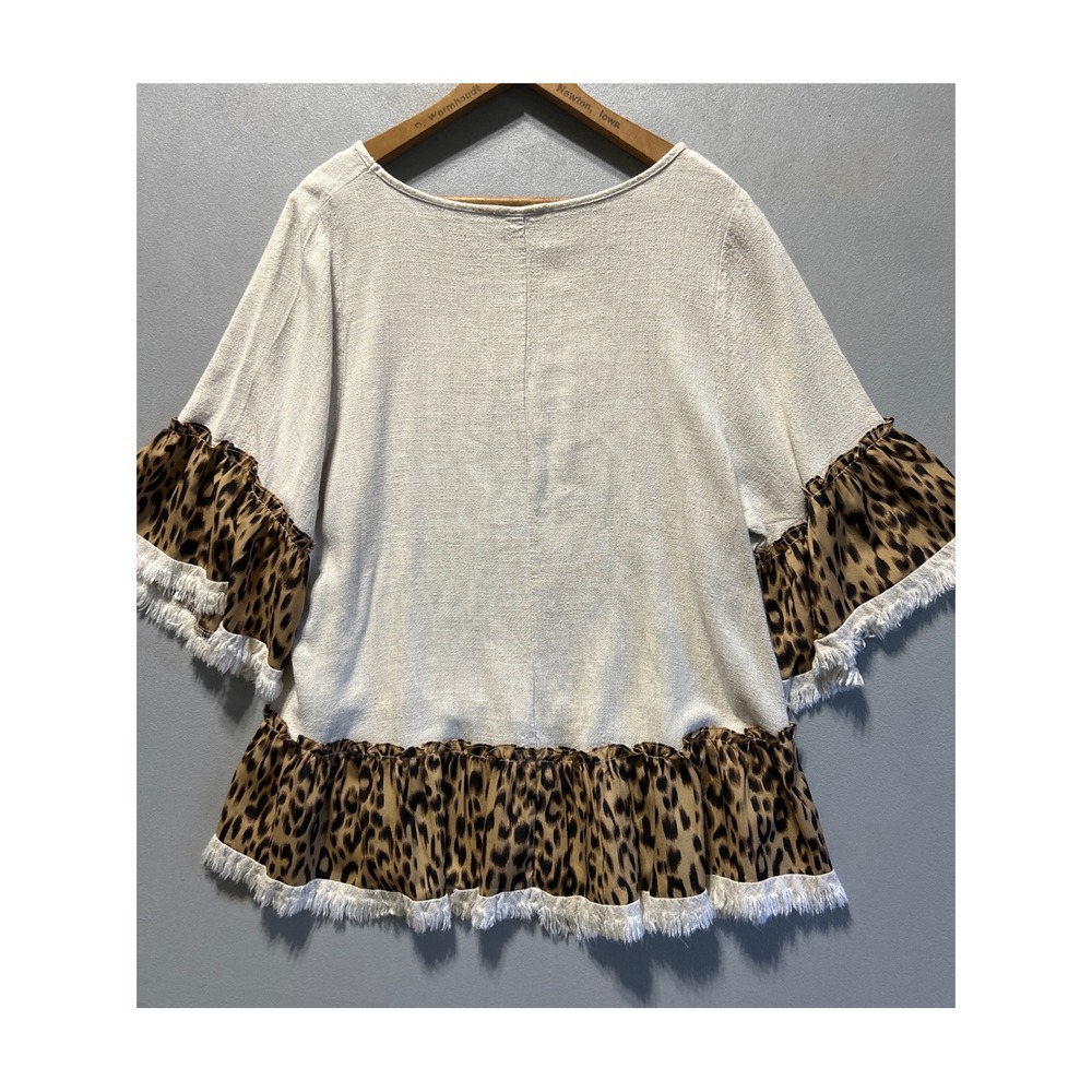 Umgee Linen Blend Leopard Print Ruffle Fringe Tunic Top Small‎ Oversized Oatmeal